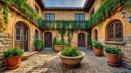 Fototapeta premium Spring courtyard with flowering plants, house walls covered with ivy, ceramic flower pots.
