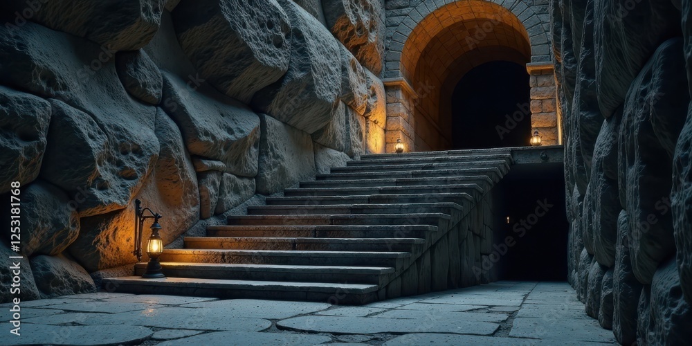 Poster ancient stone staircase leading to a mysterious dark archway, illuminated by glowing lanterns