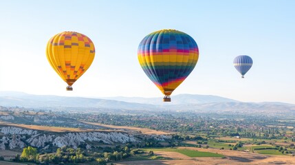 Obraz premium Colorful hot air balloons float high above a scenic valley landscape during a bright morning flight.