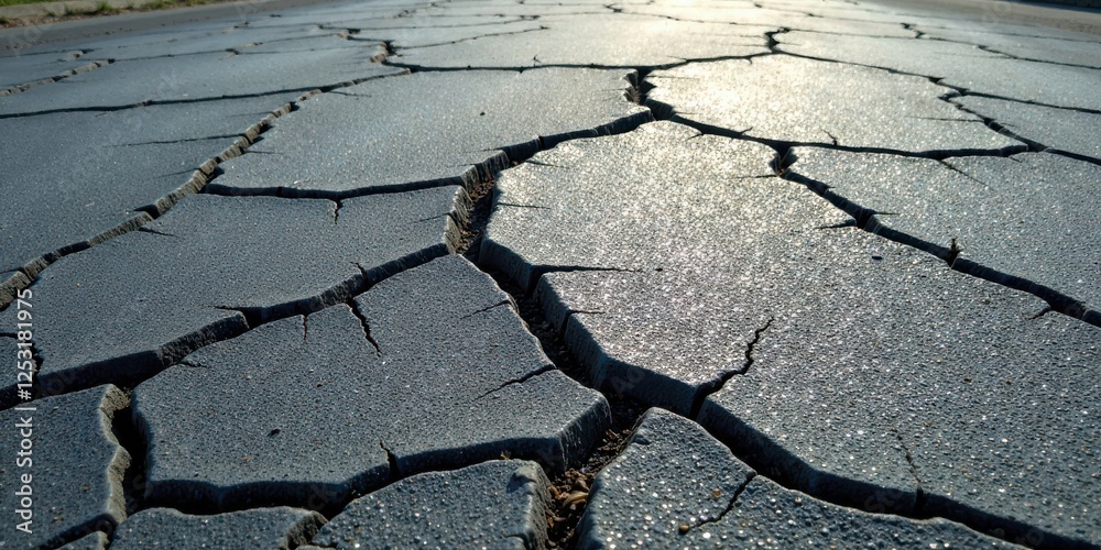 Poster cracked asphalt surface showing extensive deterioration and aging effects from sun exposure and weat