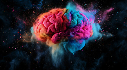 Fototapeta premium A colorful cloud of powder forms the shape of a human brain against a black background