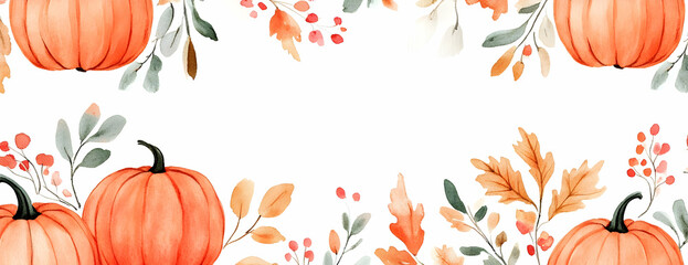 Autumn pumpkins border, fall leaves