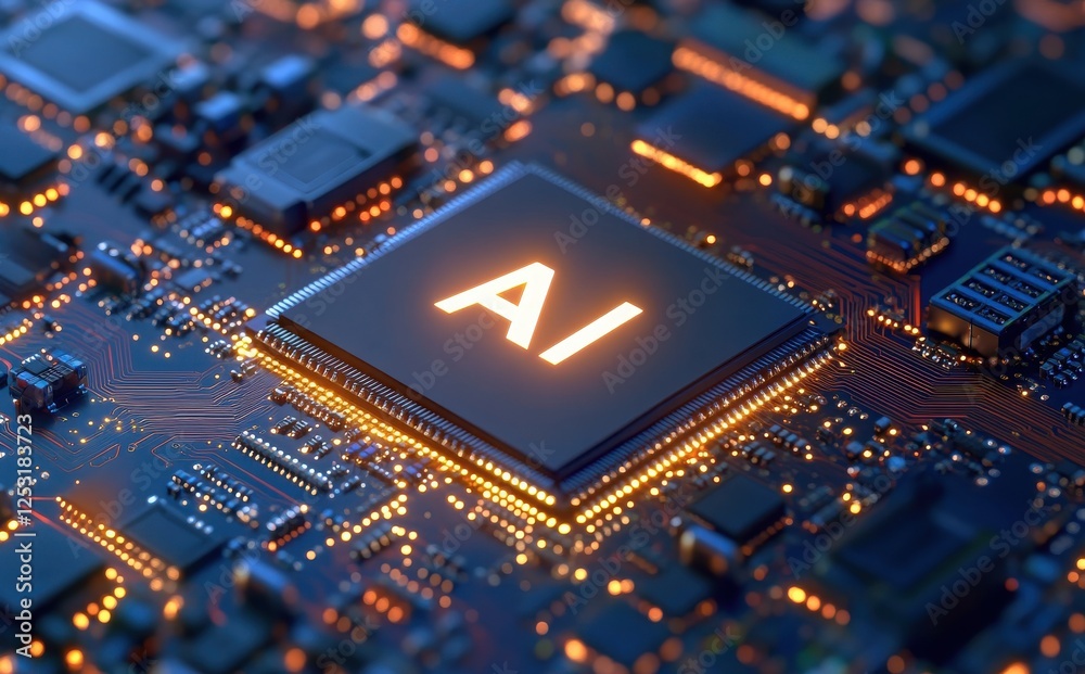 Poster artificial intelligence processor concept. ai big data array stock photo
