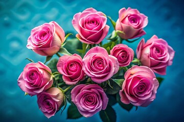 Obraz premium Top View Pink Roses with Shadow, Isolated on Blue Gradient Background - High-Resolution Stock Photo