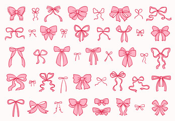 Collection of hand drawn vintage bows and ribbons. Set of elegant pink bows, vector illustration.