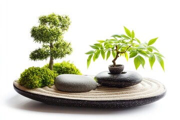 Tranquil Zen Garden Arrangement with Lush Green Plants and Smooth Stones for Relaxation and Meditation Spaces