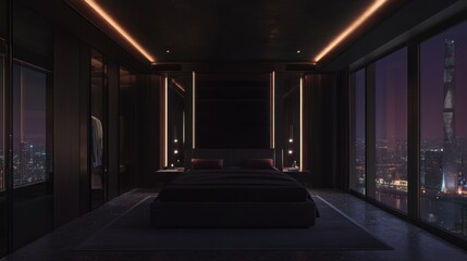 Modern Dark Bedroom City Night View