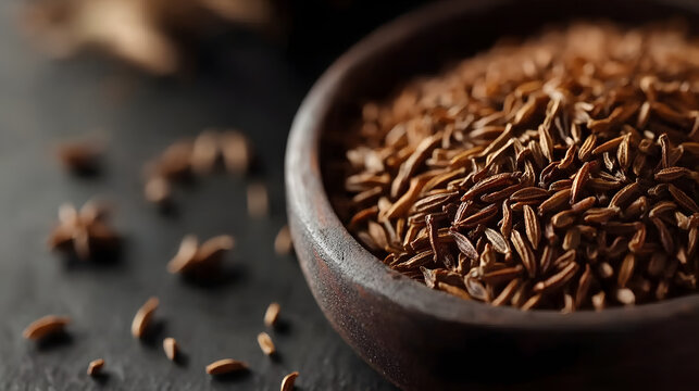 A close-up shot of cumin seeds placed neatly on a dark surface, their rich brown color and fine details visible in the image.