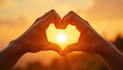 Fototapeta premium Hands forming heart shape at sunset, love and connection, Grateful Heart