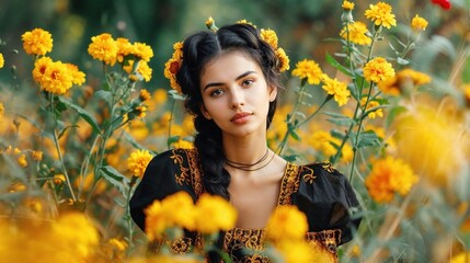 Naklejka premium Graceful woman in an embroidered traditional dress surrounded by vibrant yellow flowers. Her deep gaze and natural beauty evoke heritage, culture, and a poetic connection to nature