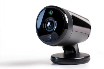 Modern Black Security Camera on a White Background, Showcasing Lens and Design for Surveillance and Safety Technology Use