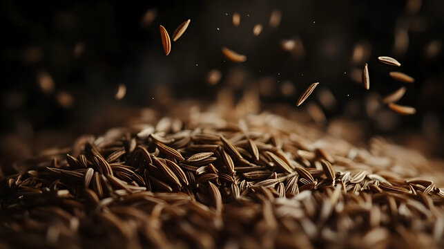 A close-up shot of cumin seeds spread across a dark background, with their rich brown color and elongated shapes visible in clear detail.