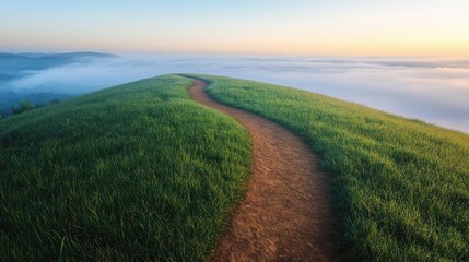 Obraz premium Grassy hilltop with a winding dirt pathway leading towards a distant horizon, early morning mist rising, grassy hill pathway, focus on, peaceful exploration, ethereal, overlay