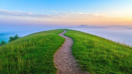 Obraz premium Grassy hilltop with a winding dirt pathway leading towards a distant horizon, early morning mist rising, grassy hill pathway, focus on, peaceful exploration, ethereal, overlay