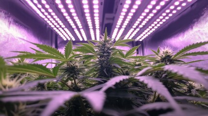 Indoor marijuana plants under LED grow lights.