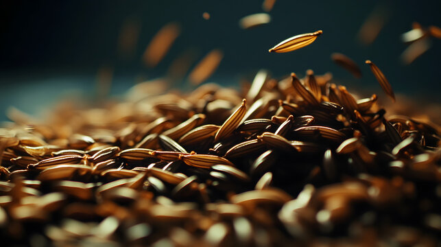 A close-up shot of cumin seeds spread across a dark background, with their rich brown color and elongated shapes visible in clear detail.