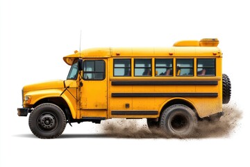 Yellow School Bus Driving on Dirt Road with Dust Clouds Rising, Ideal for Transportation, Education, Adventure and Rural Themes in Stock Photography