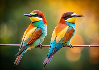 Two Birds Perched on Wire, Spring Nature Scene, Copy Space, Wildlife Photography