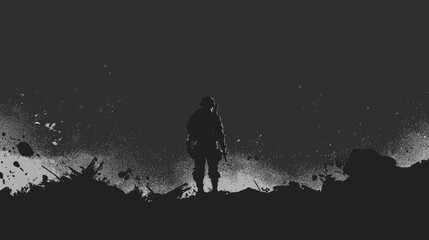 Solitary Soldier Silhouette in a Monochromatic Landscape