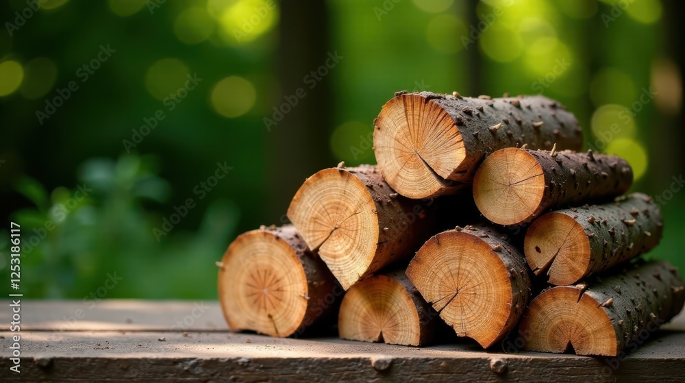 Aufkleber A neatly stacked pile of firewood rests on a rustic wooden surface, bathed in the soft light of a sun-dappled forest.