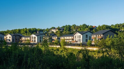 A block of new houses in Japan, with a clear blue sky, a residential street, and green trees and shrubs