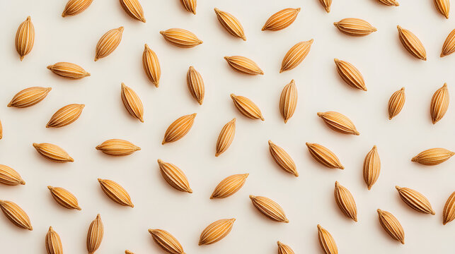 A close-up view of cumin seeds arranged in a uniform pattern on a light background, showcasing their smooth surface and natural color.