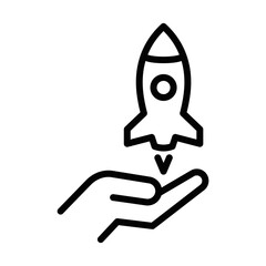 Hand launching a rocket icon, simple vector design. Editable stroke.