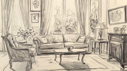 Fototapeta premium Hand-drawn sketch of a living room interior. 