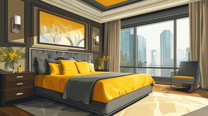 Hotel-style bedroom vector. Yellow-gray decor, makeup table, bed, and wood textures