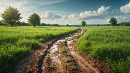 Fototapeta premium winding dirt road cuts through lush green fields under a soft blue sky with fluffy clouds. The scenic path leads into nature tranquility, evoking a sense of peaceful escape