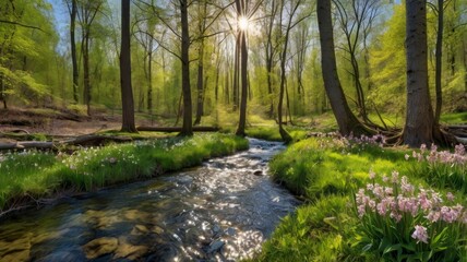 Spring forest with blossoming trees, sunbeams breaking through the foliage, a stream with clear water, bright flowers in a clearing.