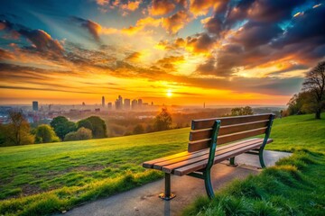 Fototapeta premium Urban Oasis: Tranquil Public Park Bench at Sunset, City Skyline