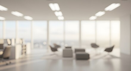 Hermoso fondo borroso de un interior de oficina moderno y luminoso con ventanas panorámicas y una hermosa iluminación.
