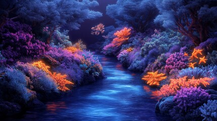Obraz premium A serene river glides through a vibrant coral underwater scene