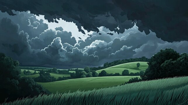 Stormy clouds over verdant rolling hills.