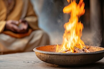 A bowl with a bright flame, a Buddhist sitting in the background, copy space for text. Concept Maha Shivaratri holiday, Hindu festival, Havan