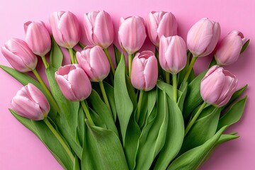 Obraz premium A beautiful spring flower composition showcasing pink tulips on a pastel pink backdrop. Ideal for Valentine's Day, Easter, birthdays, Happy Women's Day, and Mother's Day. Presented in a flat lay, top