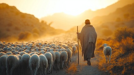 shepherd wearing traditional woolen clothing leads large flock of sheep through misty meadow sunrise accompanied loyal sheepdog creating peaceful atmosphere.