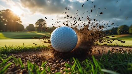 The golf ball is frozen in mid-air, surrounded by a dynamic burst of dirt and particles, emphasizing the force of the swing
