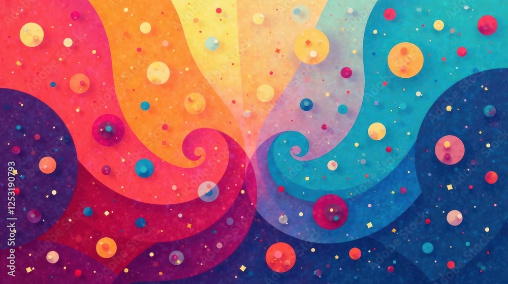 Poster Whimsical cosmic swirl with vibrant hues and playful shapes, a dynamic celebration of color and form in a joyful abstract design