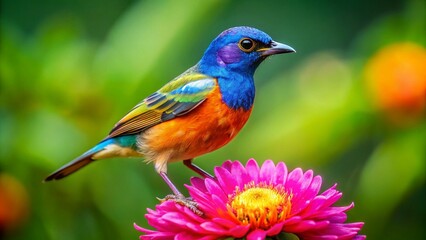 Obraz premium Vibrant Blue, Orange & Green Bird on Pink Flower - Macro Photography Stock Photo