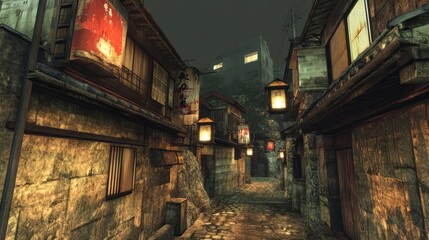 Fototapeta premium A dimly lit ancient Japanese alleyway at night