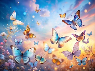 Vibrant Butterflies Dance in Pastel Sky: Dreamy Spring Landscape