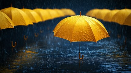 Yellow umbrellas stand out beautifully in the pouring rain