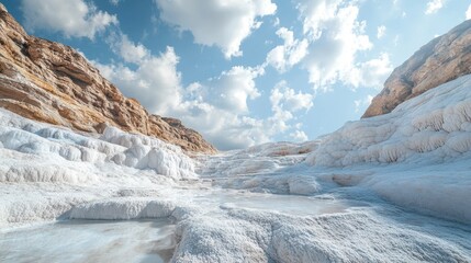 Obraz premium White salt formations under a blue sky, textured landscape. Ideal for travel, nature, and geological projects needing a stunning backdrop.