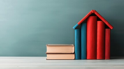Books Arranged As House On Light Gray Wall