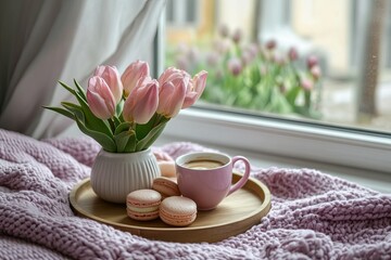A warm and inviting home atmosphere featuring purple tulips in a glass vase, macaroons in a glass jar, a hot cup of tea, a white tray, and a lilac blanket by the window, with sunlight streaming in