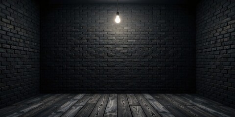 A single lightbulb illuminates a dark, empty room with aged wooden floors and dark brick walls