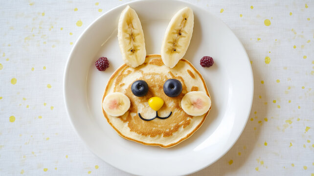 Cute Bunny-Shaped Pancake Decorated With Blueberries and Banana Slices Creates a Delightful Breakfast Experience for Children and Families. Generative AI