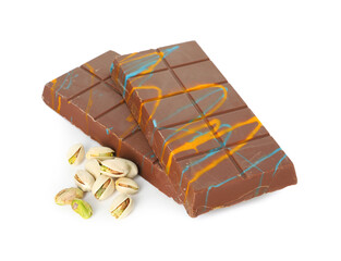 Dubai chocolate bars and pistachios isolated on white